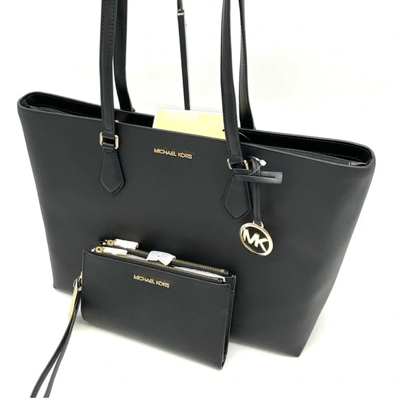 Michael Kors Bag Large Sheila Mf Tote Bag & Large Double Zip Wallet Black/Gold - Picture 12 of 15